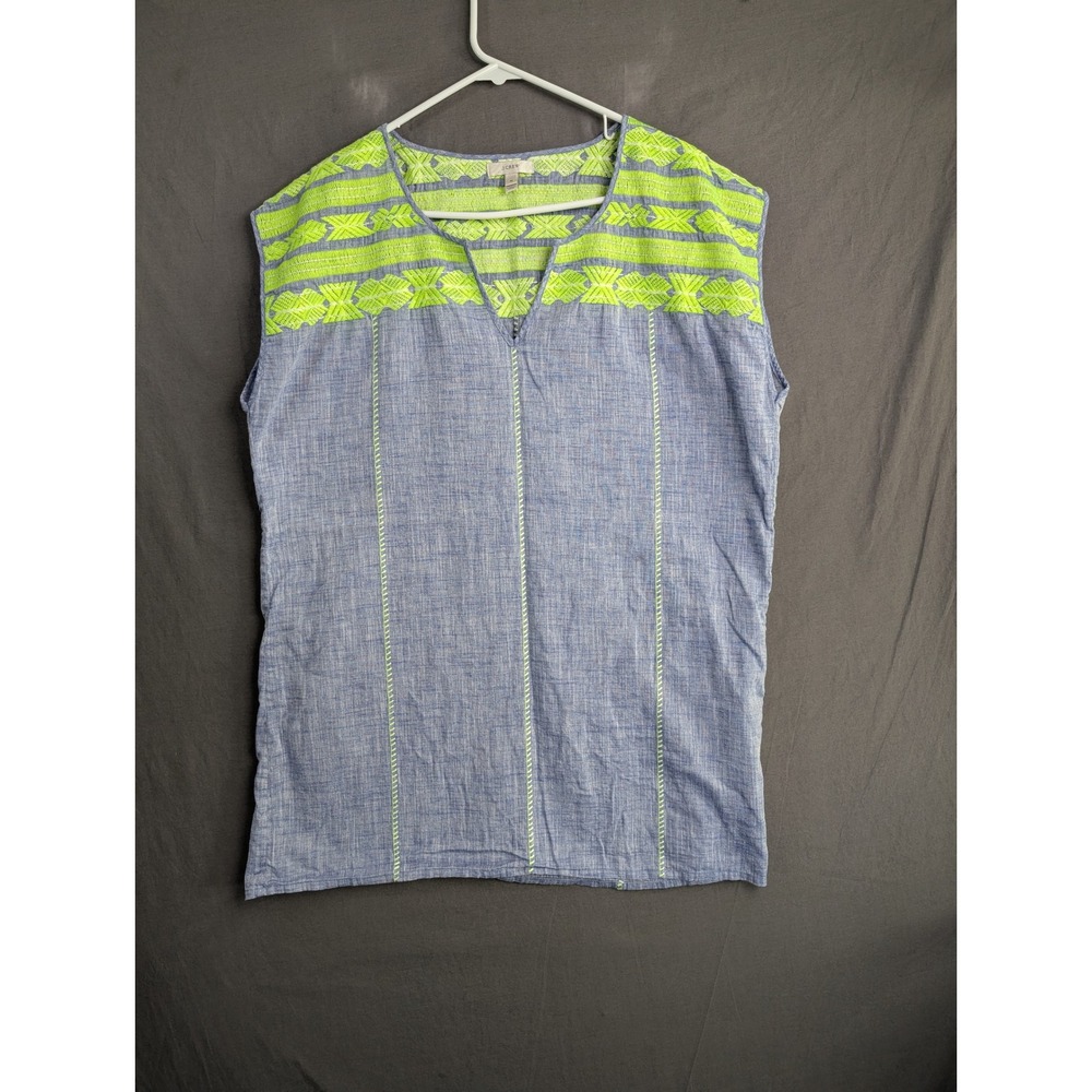 J.Crew Womens Blue Neon Yellow Embroidered Chambray Sleeveless Top M